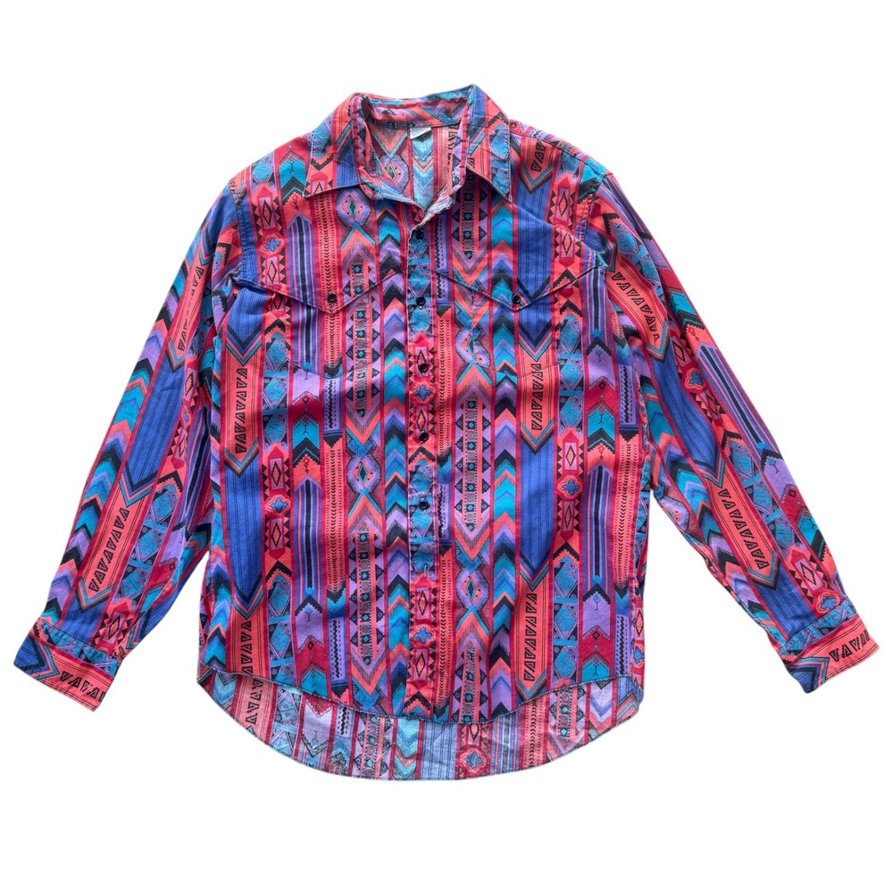 Vtg 70s Wrangler Western Shirt Mens XL Brush Popper Red Southwest Tribal Print